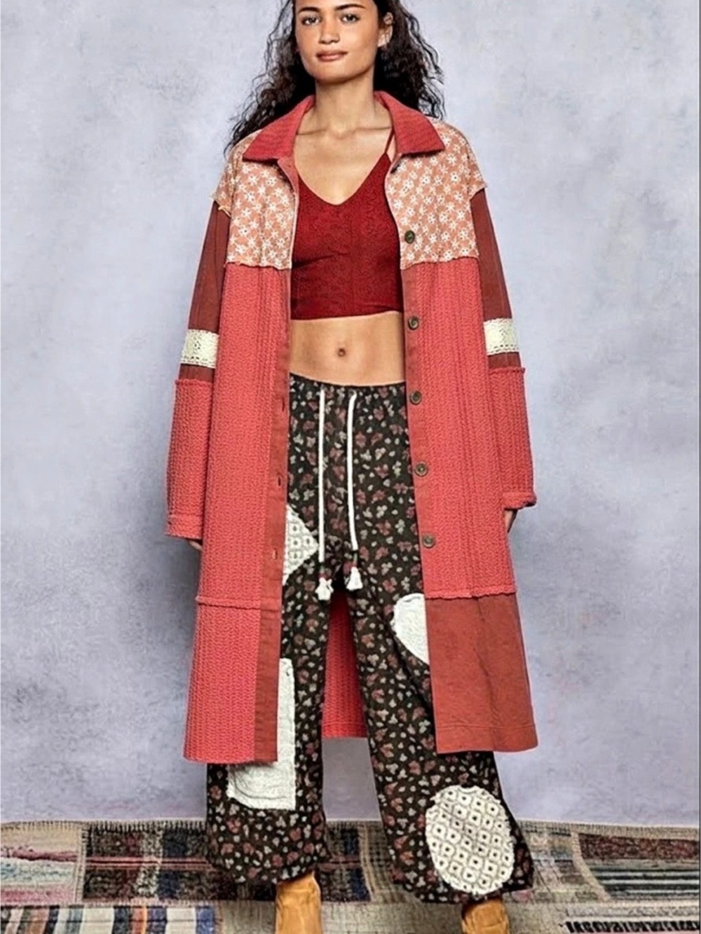 POL Boho Oversized Patchwork Cotton Duster Size Small NWT
